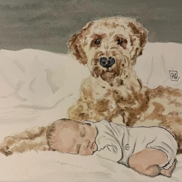 Babyportret in aquarel: een slapende baby op een wit laken, met een krullerige hond die over de baby waakt.