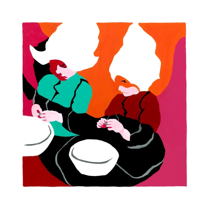 De Garnalenpellers: twee vrouwen met witte kappen pellen garnalen aan een tafel, in rood, groen, zwart en oranje.