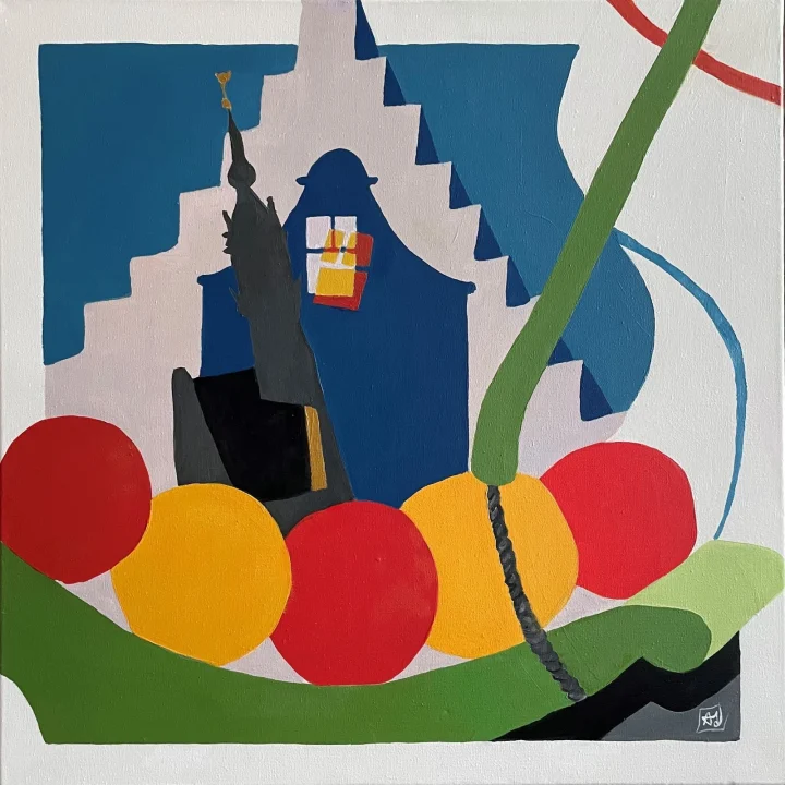 Edammer kaasmarkt: het Waaggebouw in donkerblauw met trapgevel, daarvoor rode, oranje en gele kazen op een groene draagberrie.