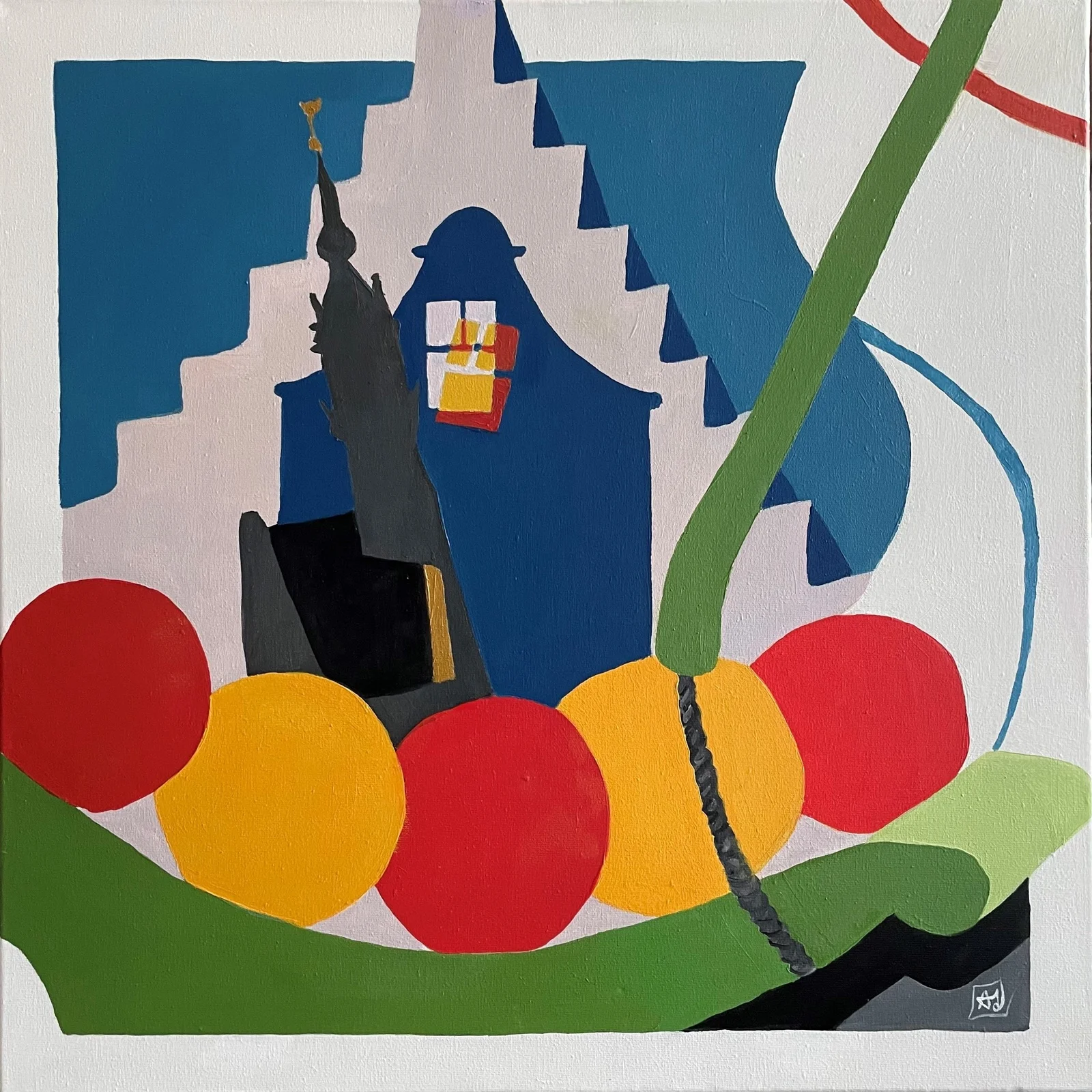 Edammer kaasmarkt: het Waaggebouw in donkerblauw met trapgevel, daarvoor rode, oranje en gele kazen op een groene draagberrie.
