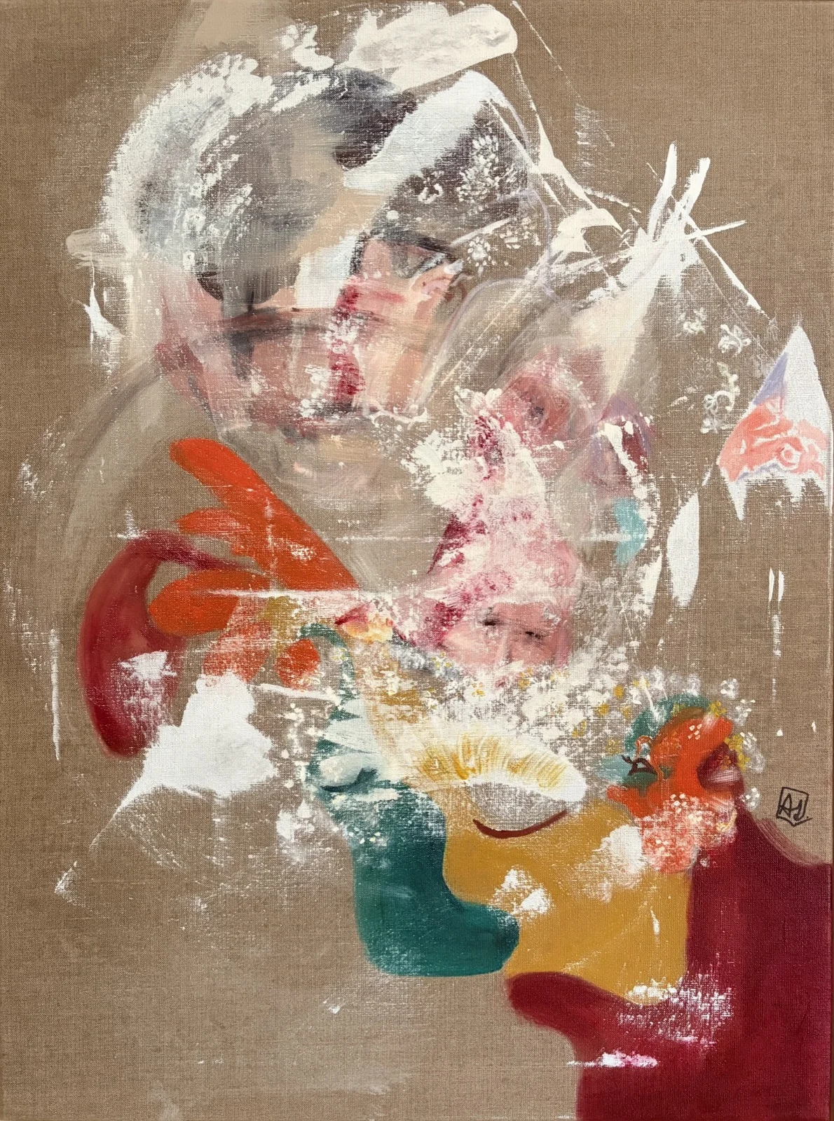 Gedragen verhalen: abstracte compositie met witte penseelstreken, rood, oranje en groen op ongeverfd linnen.