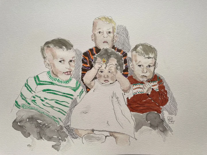Oud familieportret in aquarel: vier kinderen dicht bij elkaar, naar een oude foto.