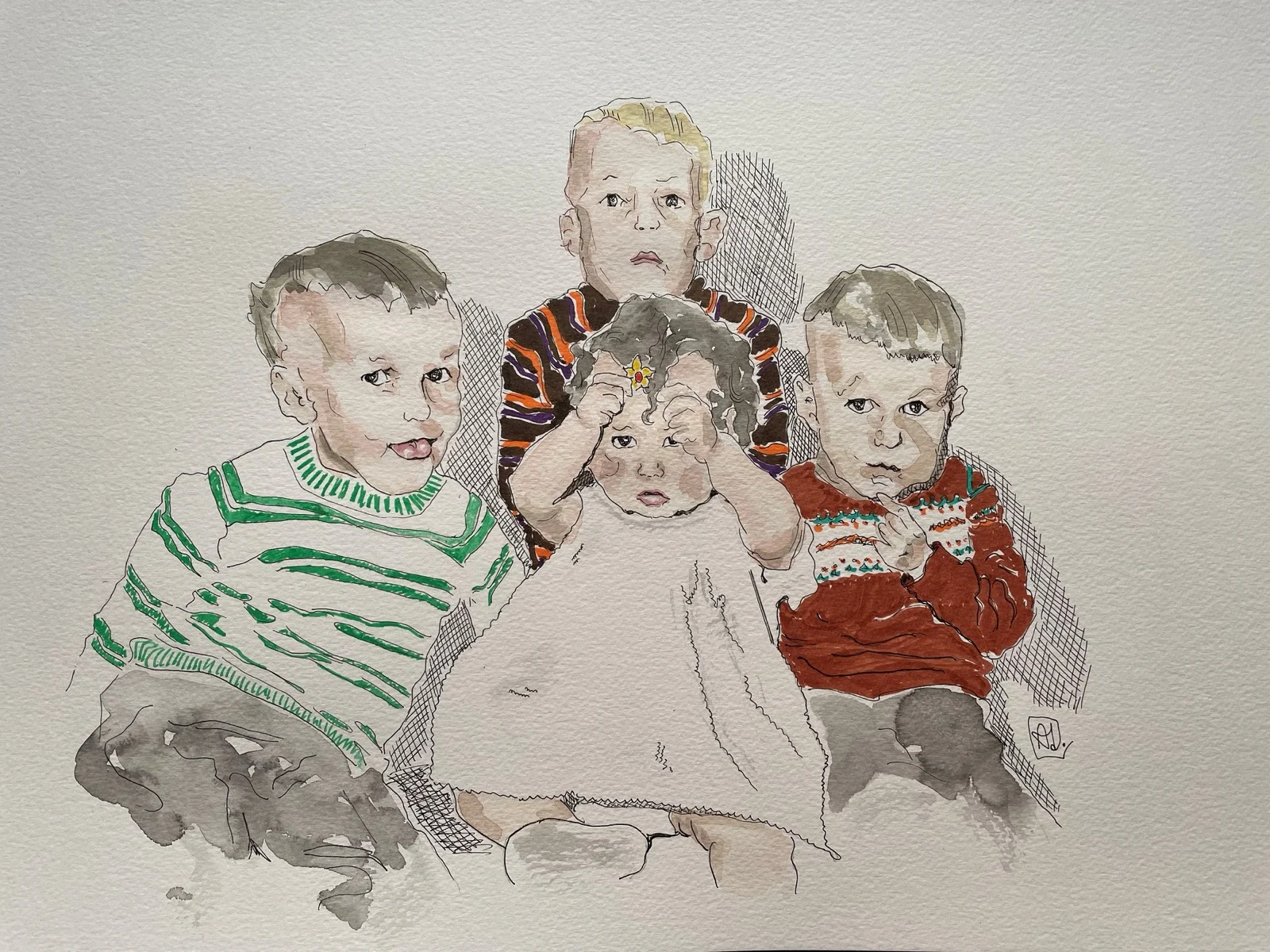 Oud familieportret in aquarel: vier kinderen dicht bij elkaar, naar een oude foto.