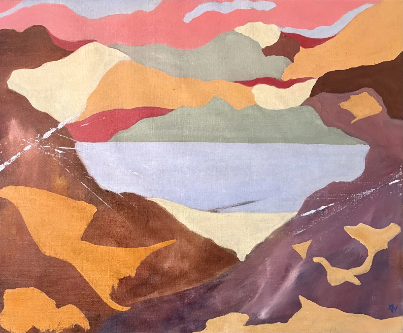 Helmzicht: een abstract duinlandschap in vlakken van bruin, roze, oker en grijs rond lichtblauw water.