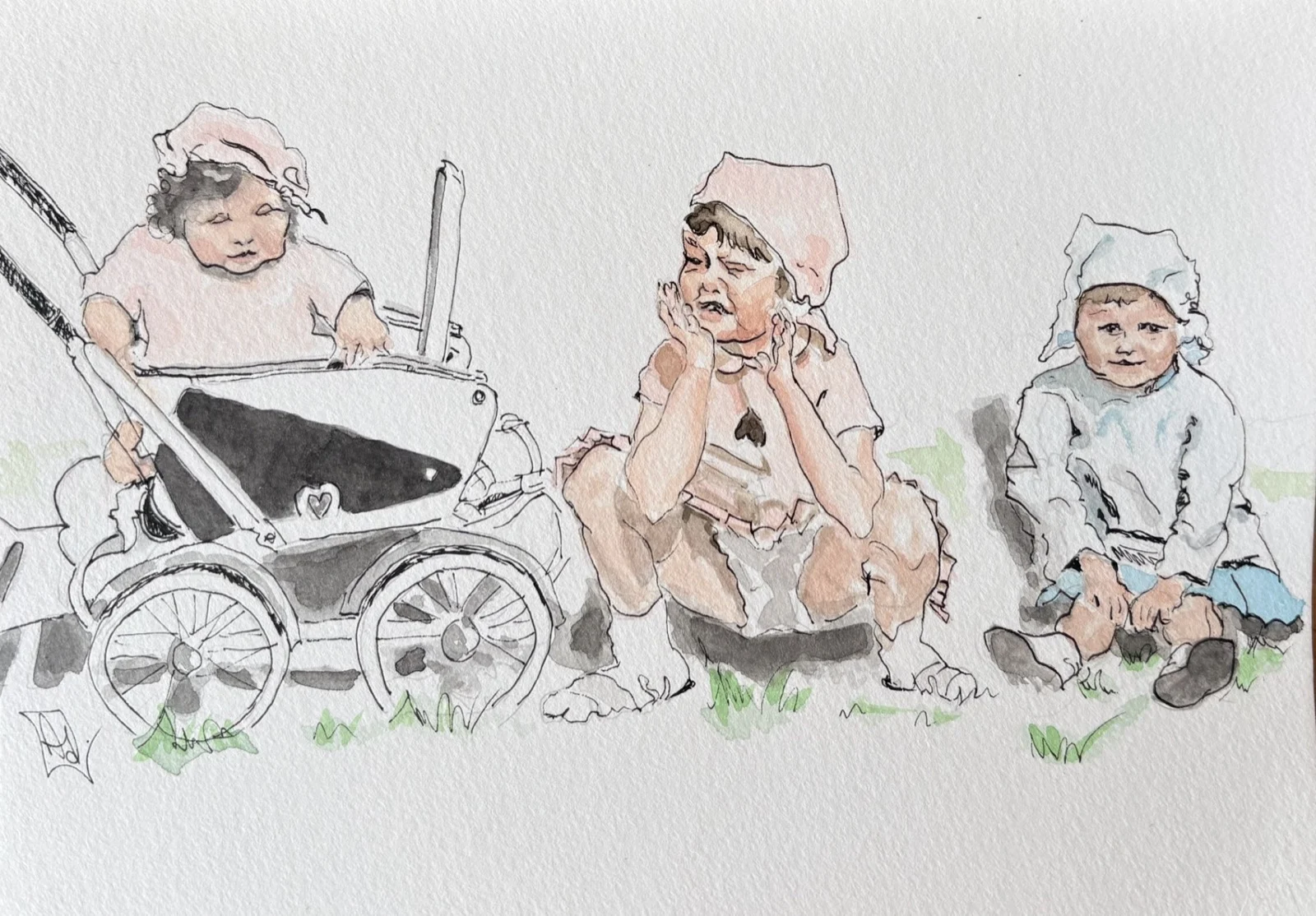 Herinneringen in aquarel: drie kinderen in klederdracht naast een ouderwetse kinderwagen.