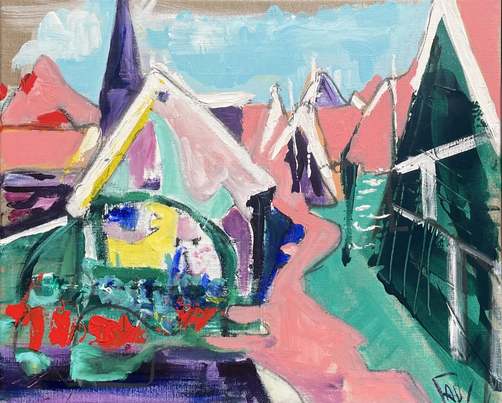 Het Doolhof Volendam: huisjes, een kerktoren en een steegje in roze, turquoise, groen en paars.