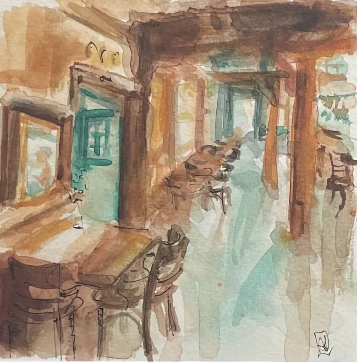 Hotel Spaander in aquarel: het interieur met houten tafels, stoelen en lampen in warm bruin en groen.