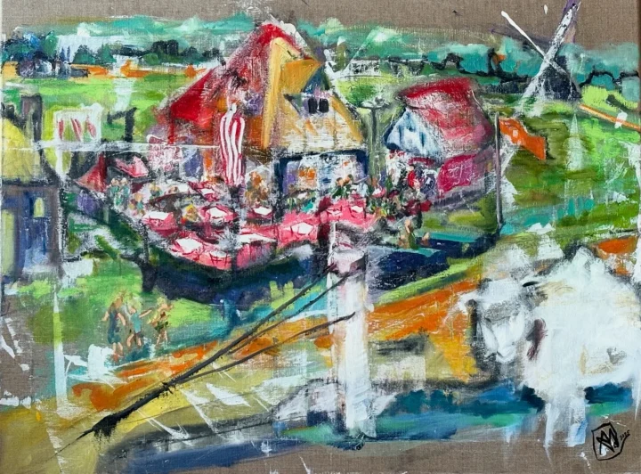 IJs van Honingh: een kleurrijk tafereel met een rode ijskraam, een molen en groene velden in losse streken.