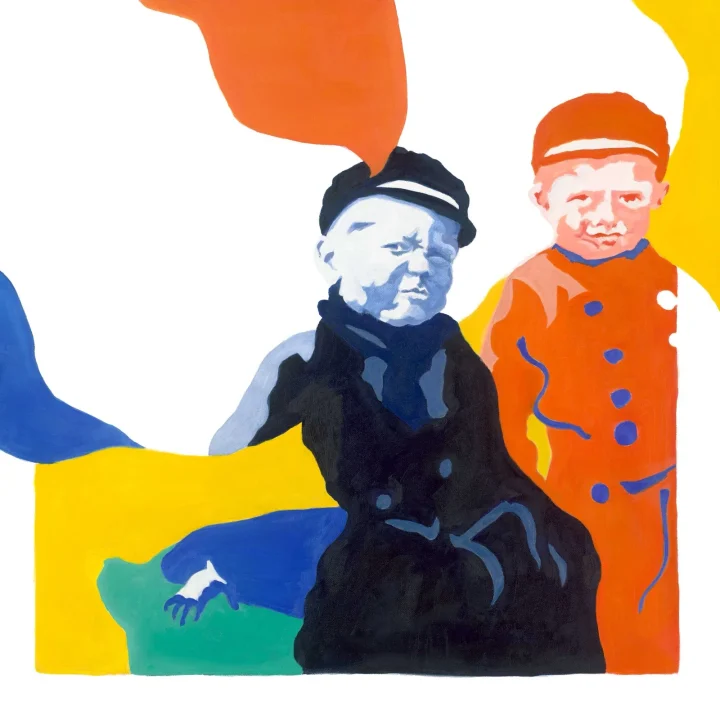 Knappe knapen: twee jongens in Volendamse klederdracht, de een in zwart met pet, de ander in oranje, tegen vlakken in geel, blauw en oranje.