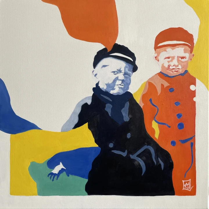 Knappe knapen: twee jongens in Volendamse klederdracht, de een in zwart met pet, de ander in oranje, tegen vlakken in geel, blauw en oranje.