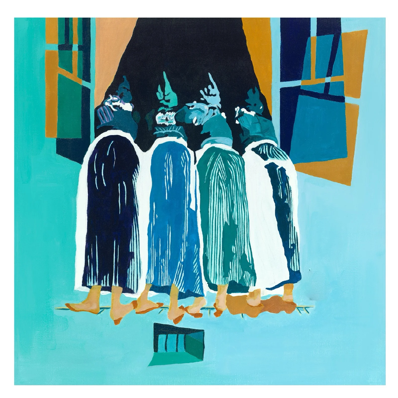 Nieuwsgierige Aagjes: vier vrouwen in lange blauwe rokken met de hoofden uit een open raam, op een turquoise achtergrond.