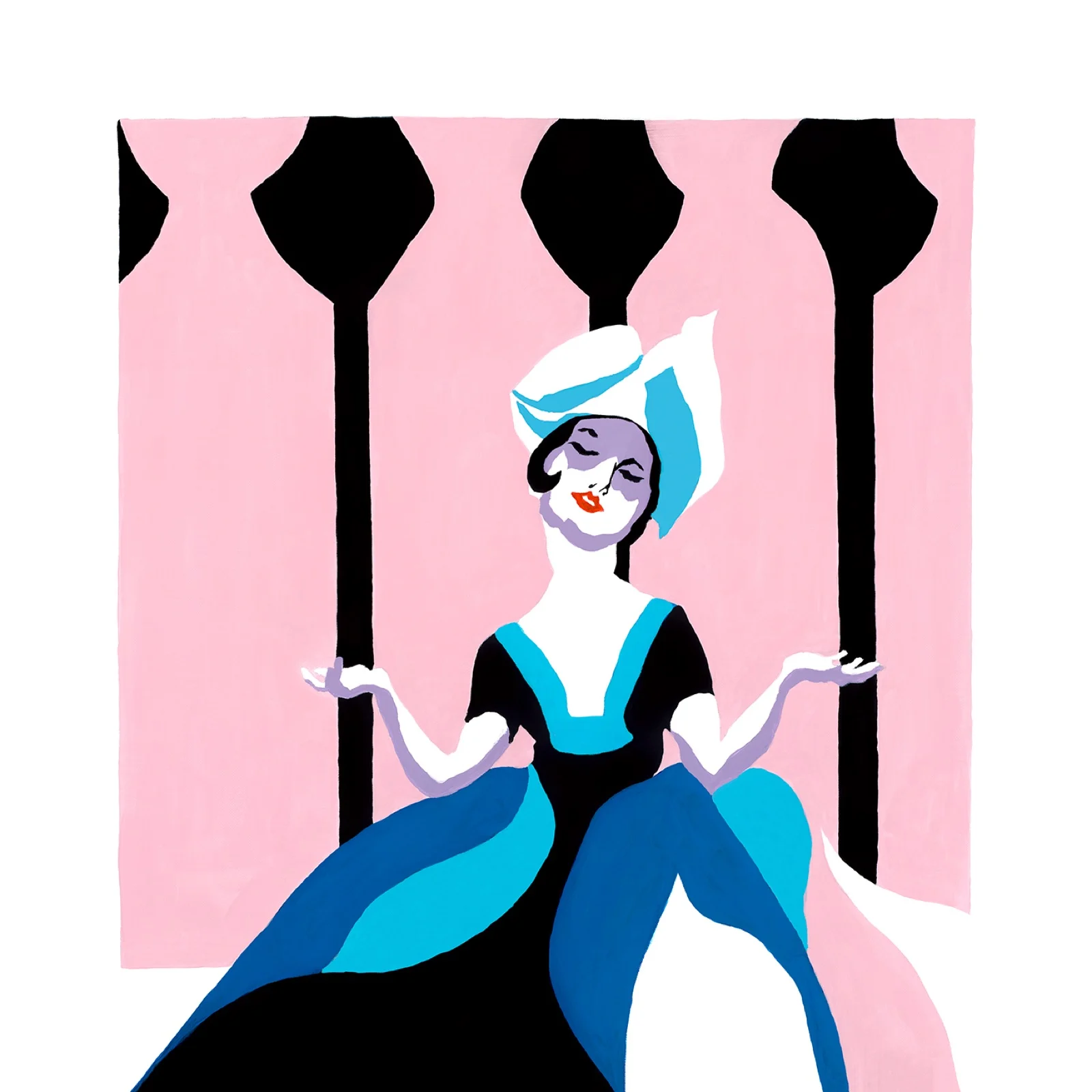 Volendamse Turandot: een vrouw in blauwe jurk en witte kap spreidt haar handen, tegen roze met zwarte vormen.